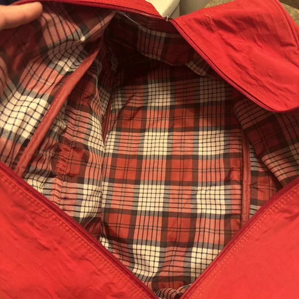 Vintage Marlboro Country Store Travel Duffle Bag Red Leather Straps Plaid Lined